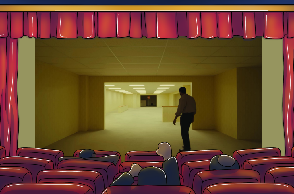Kinosaal mit roten Polstersitzen und mehreren Zuschauern, die auf eine große Leinwand blicken. Gezeigt wird eine Szene aus dem Film Backrooms: Ein einzelner Mensch steht in einem weitläufigen, leer wirkenden Innenraum mit gelblichen Wänden, hellem Teppichboden und gleichförmiger Deckenbeleuchtung. Der Raum wirkt labyrinthartig und orientierungslos, mit langen Sichtachsen und wenigen markanten Merkmalen. Die sterile Beleuchtung und die Leere erzeugen eine unheimliche, beklemmende Atmosphäre. Rote Bühnenvorhänge rahmen die Leinwand ein und verstärken den Eindruck einer Filmvorführung.